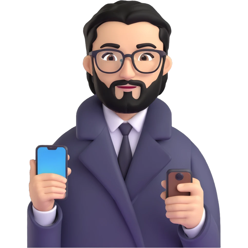 refined professional man standing, wearing black coat, with medium black beard, black hair neatly combed to one side, connected unibrow, olive tan skin, brown eyes, glasses, prominent nose, clearly holding a smartphone in hand emoji