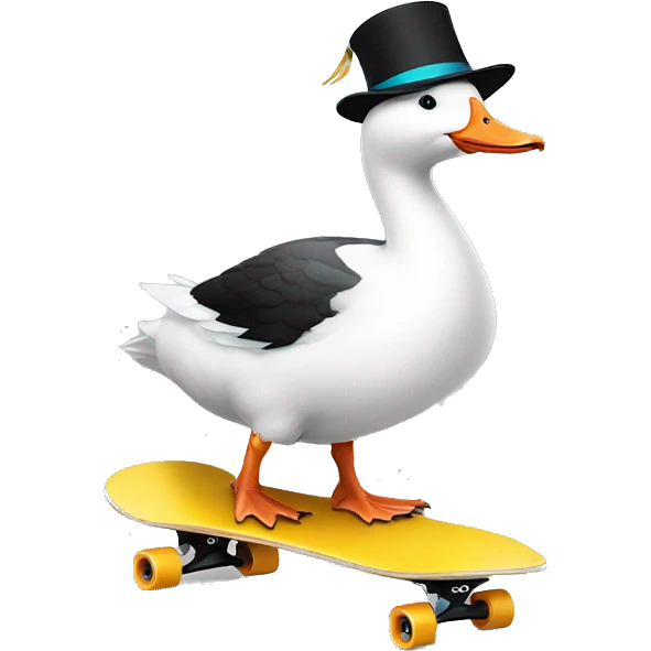 White goose wearing birthday party hat riding a black skateboard emoji