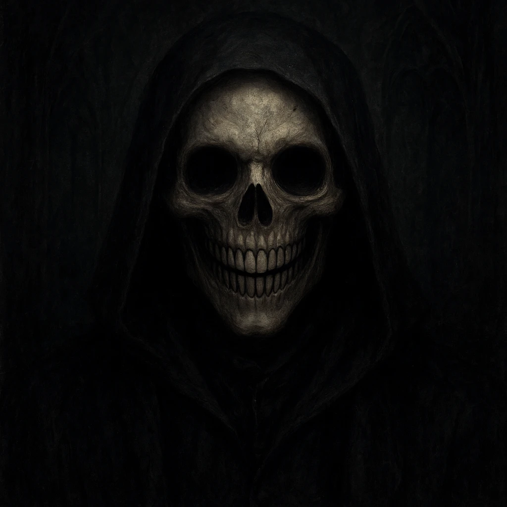 scary happy face, skeletal features, wide grin, hollow eyes, gothic style, dark and spooky ambiance emoji