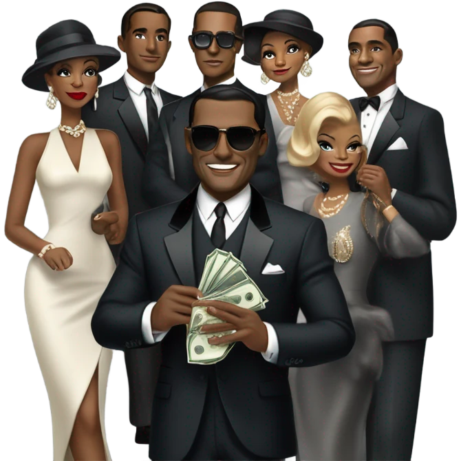 1960s ratpack with men and women and money emoji