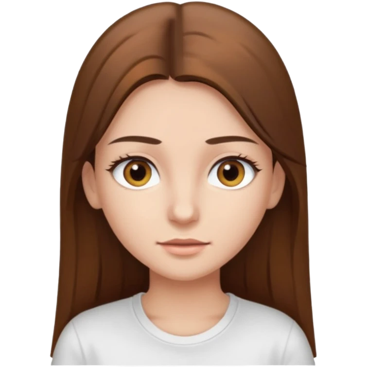 Chica de pelo liso ,largo y marrón con ojos color marrón claro y una camiseta blanca y la piel blanca con pestañas emoji
