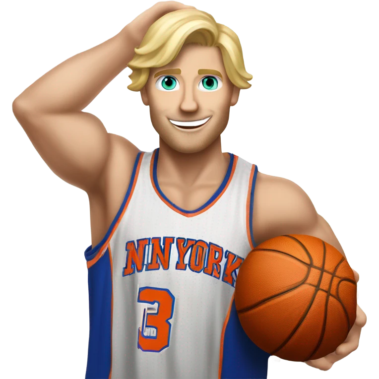 Blond guy of medium build dunking a basketball with New York Knicks colours and a number 3 jersey, surname bell make sure he’s scoring a shot emoji
