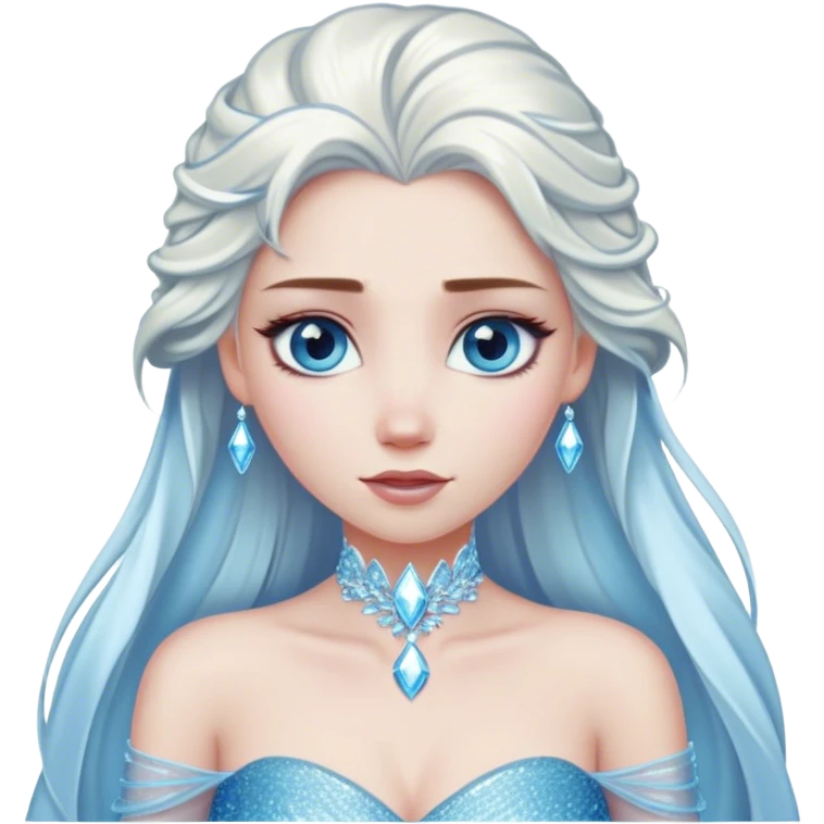 Cinematic Elegant Snow Queen Portrait Emoji, rendered in a realistic, vector-style with minimal shading and bold, simplified shapes. Depict Elsa (chest and above) with icy pale skin, long flowing platinum hair, and piercing blue eyes that exude quiet power, dressed in a shimmering ice-blue gown. The image glows with a soft, frosty radiance and high shine, capturing her ethereal, regal beauty. emoji