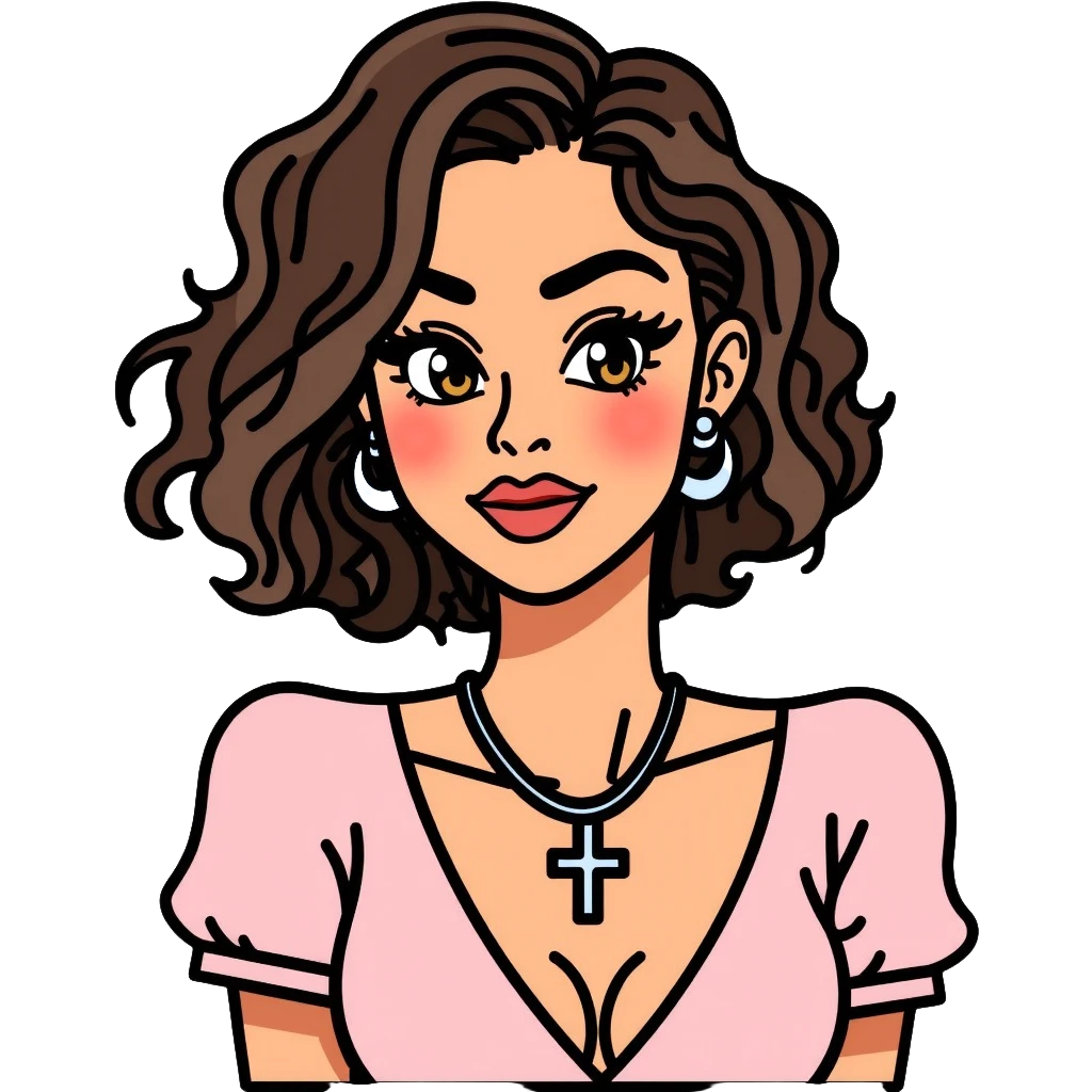 Light-skinned girl with honey brown eyes, long thick eyelashes, thin dark brown eyebrows, dark brown short curly hair with light highlights, flushed lips with heavy cupid bow, wearing a silver cross necklace, round silver earrings, and a light pink top with v-line emoji