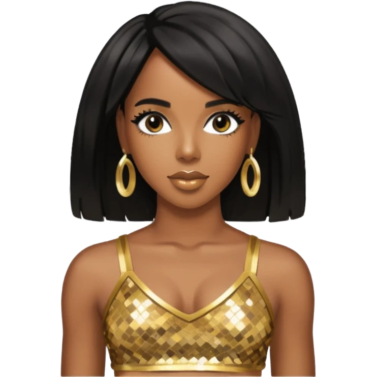 Kelly Rowland with black hair, gold sequin crop top  emoji