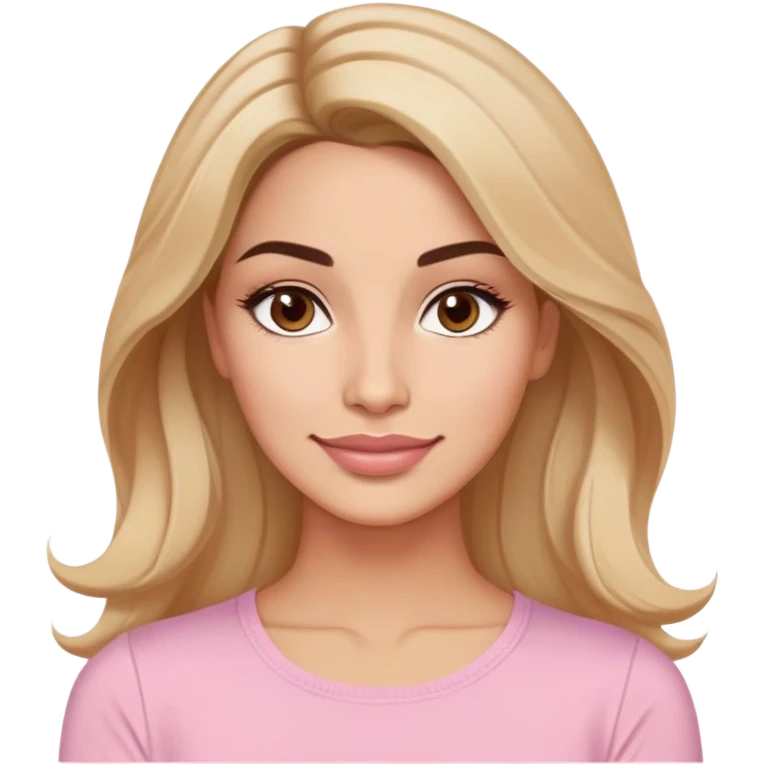 Puerto Rican actress in her early 30s with oval face, soft features, defined but not prominent cheekbones, sweet expression, large almond light brown eyes, well-defined medium eyebrows, straight nose, medium lips with fresh smile, long slightly wavy dark blonde hair, wearing a light pastel pink top emoji