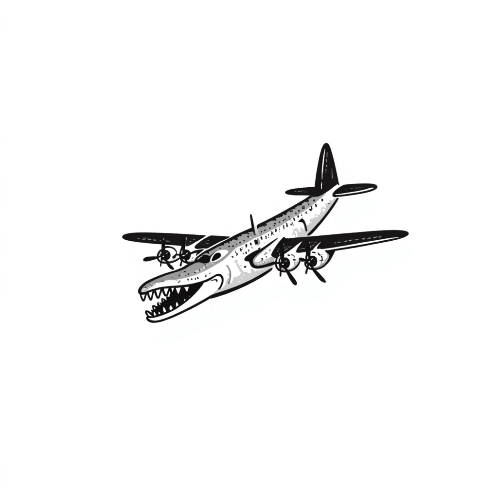 World War II bomber plane with four propeller engines that has a crocodile head and scaly reptile body, fusion of animal and machine emoji