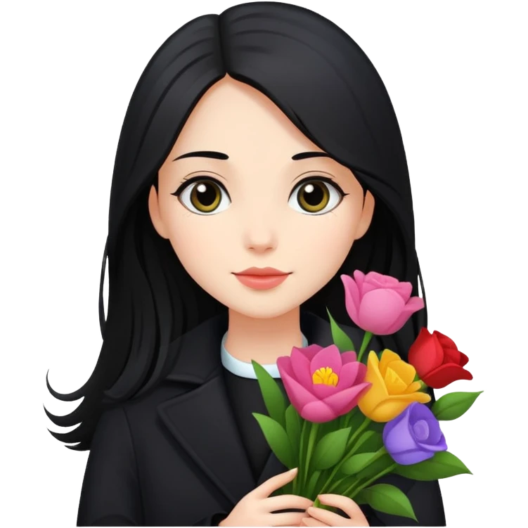 beautiful girl with long black hair wearing a black coat holding a bouquet of flowers emoji