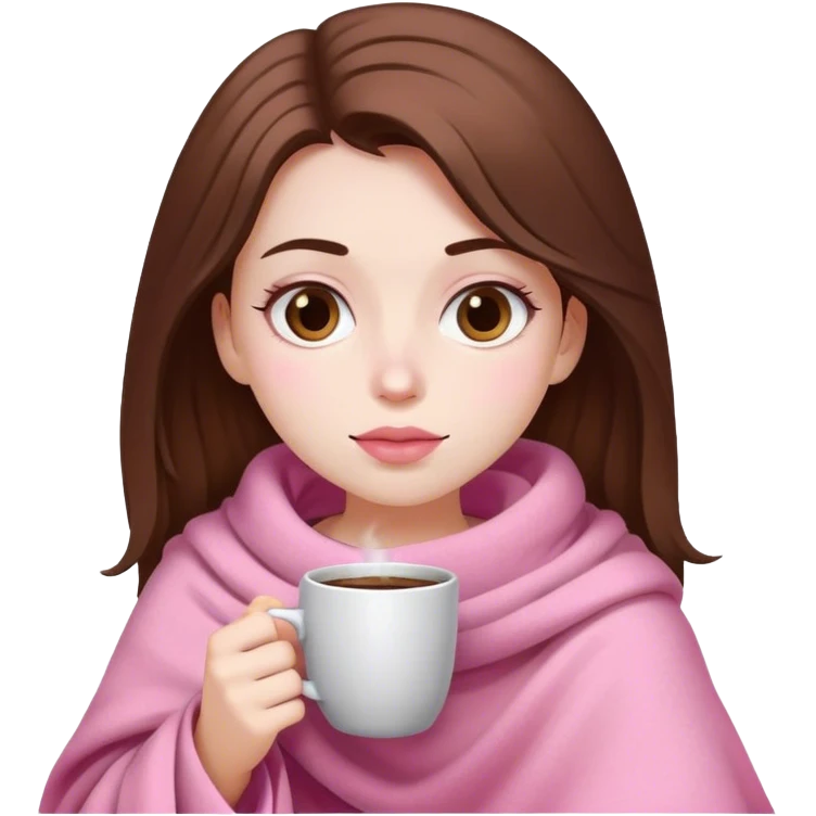white brown hair pretty girl in a pink blanket sipping coffee emoji