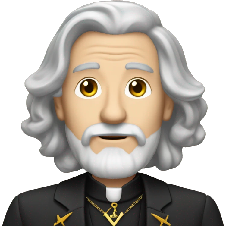 60 year old Caucasian male with grey hair and a grey goatee beard wearing a black dinner suit with a Masonic emblem. emoji