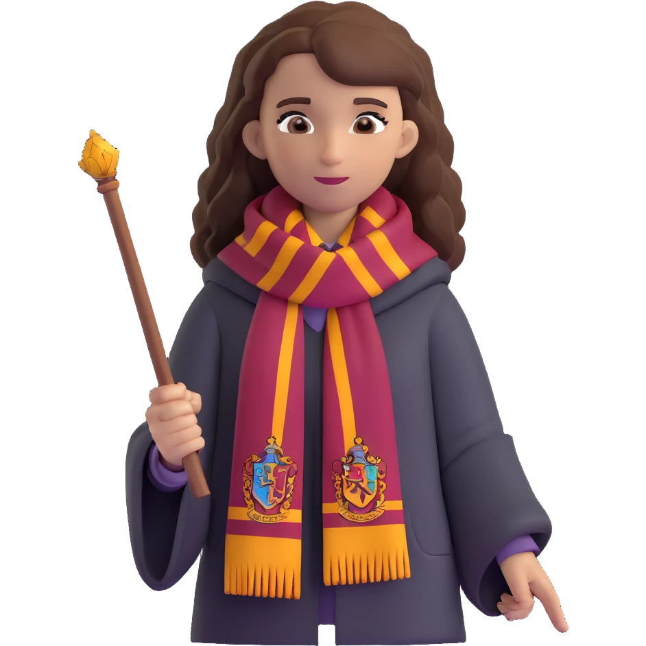 Hermione Granger with wand and Gryffindor scarf emoji
