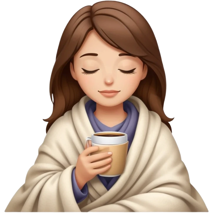 Relaxed woman with brown hair in blanket holding coffee cup with closed eyes emoji