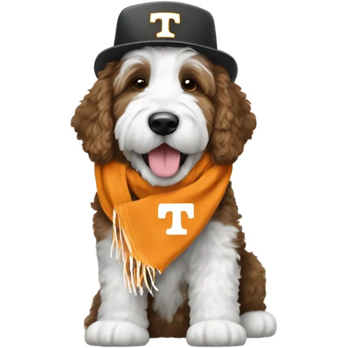 Bernedoodle with University of tennessee hat and scarf emoji