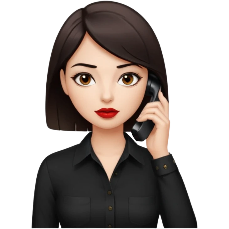 generate a pretty fair bratz girl with dark brown eyes. Dark brown hair straight short hair. tight black button up shirt with top shirt open.  Talking on the phone. Red lipstick, eyeliner on emoji