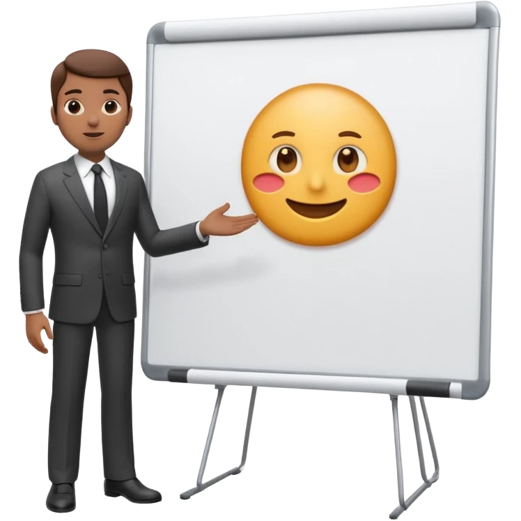 A clean emoji-style illustration of a person giving a presentation, standing next to a large presentation board on a stand, board is white and there is nothing on it, the board is oversized and clearly visible, no podium, no desk, no table, friendly proportions, soft 3D emoji style emoji