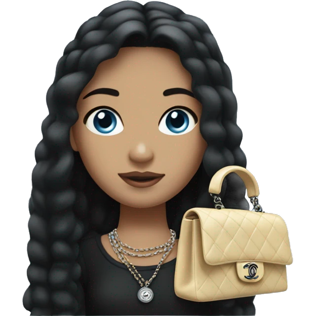 a girl with fair skin, straight black hair, blue eyes, with a Chanel handbag in her hand, stands emoji