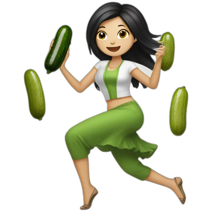 white woman with black long straight hair dancing salsa while eating pickles with a shihtzu emoji