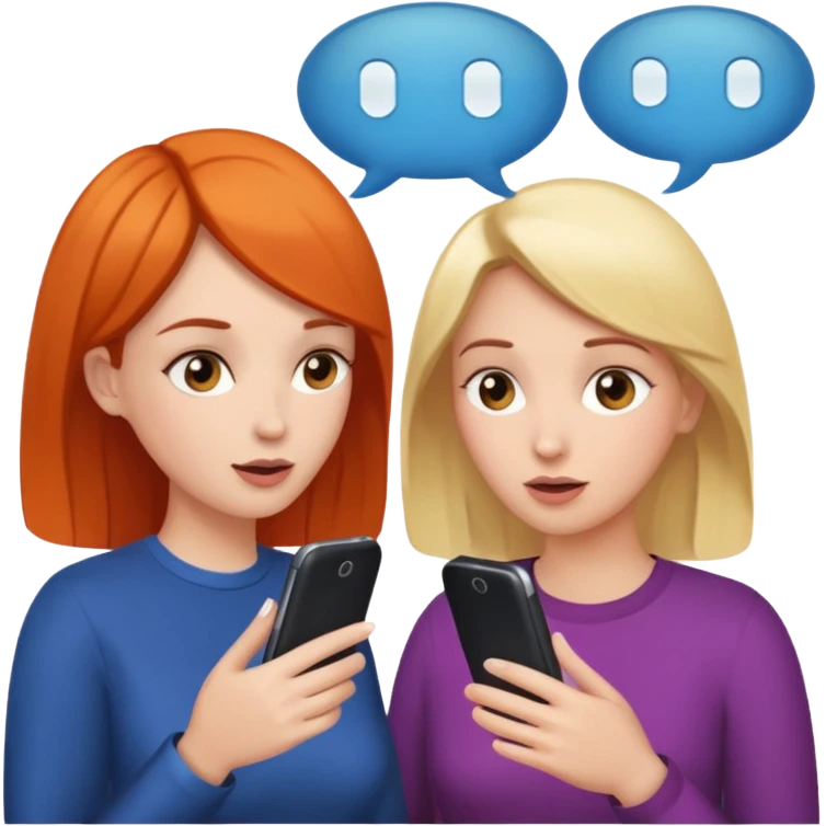 conversation between 2 women, only faces, phone and word bubble emoji