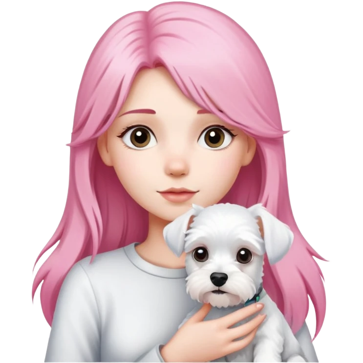 Girl with long pink hair holding a white schnauzer dog emoji