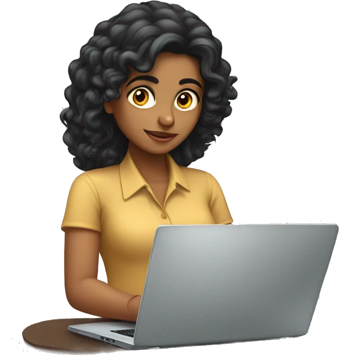 Indian woman working on laptop with long black curly hair emoji