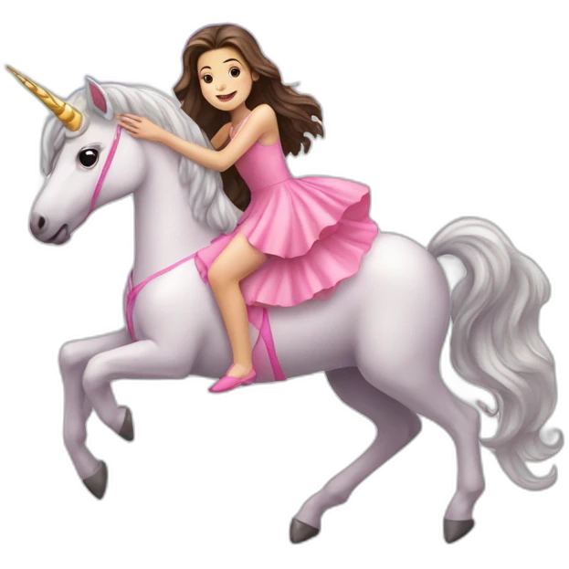 A brunette girl in pink dress ride a unicorn on a rainbow emoji