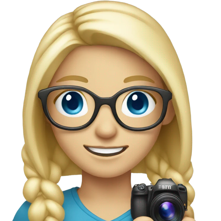 blonde girl with glasses smiling blue eyes taking pictures with a camera  emoji