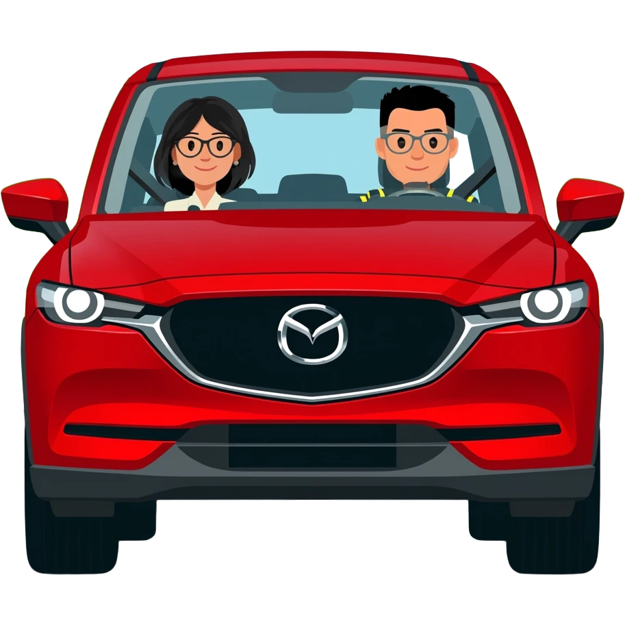 camioneta mazda cx 5 roja con una conductora mujer con lentes de cabello negro y un copiloco hombre de pelo corto negro y lentes, todo en caricatura sobre una avenida principal con paisaje verde emoji