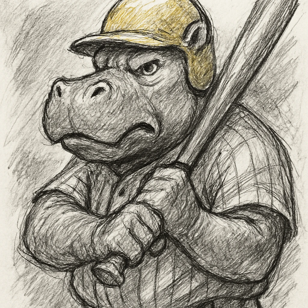 hippo holding a baseball bat, wearing a yellow helmet, pinstripes outfit emoji