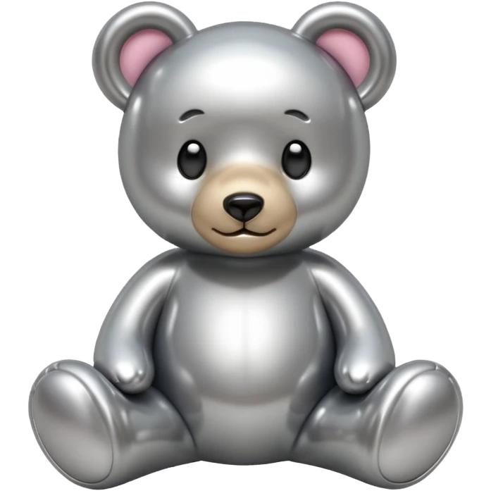 A cute teddy bear emoji made of liquid silver chrome, smooth rounded body, glossy metallic surface, soft reflections, friendly proportions, iOS emoji style, centered, clean white background emoji