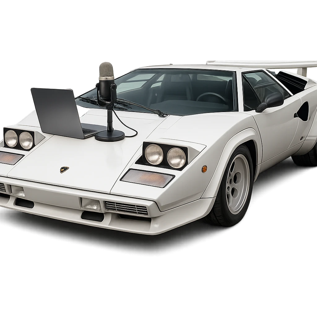 Lamborghini Countach with a laptop and recording microphone on the hood emoji
