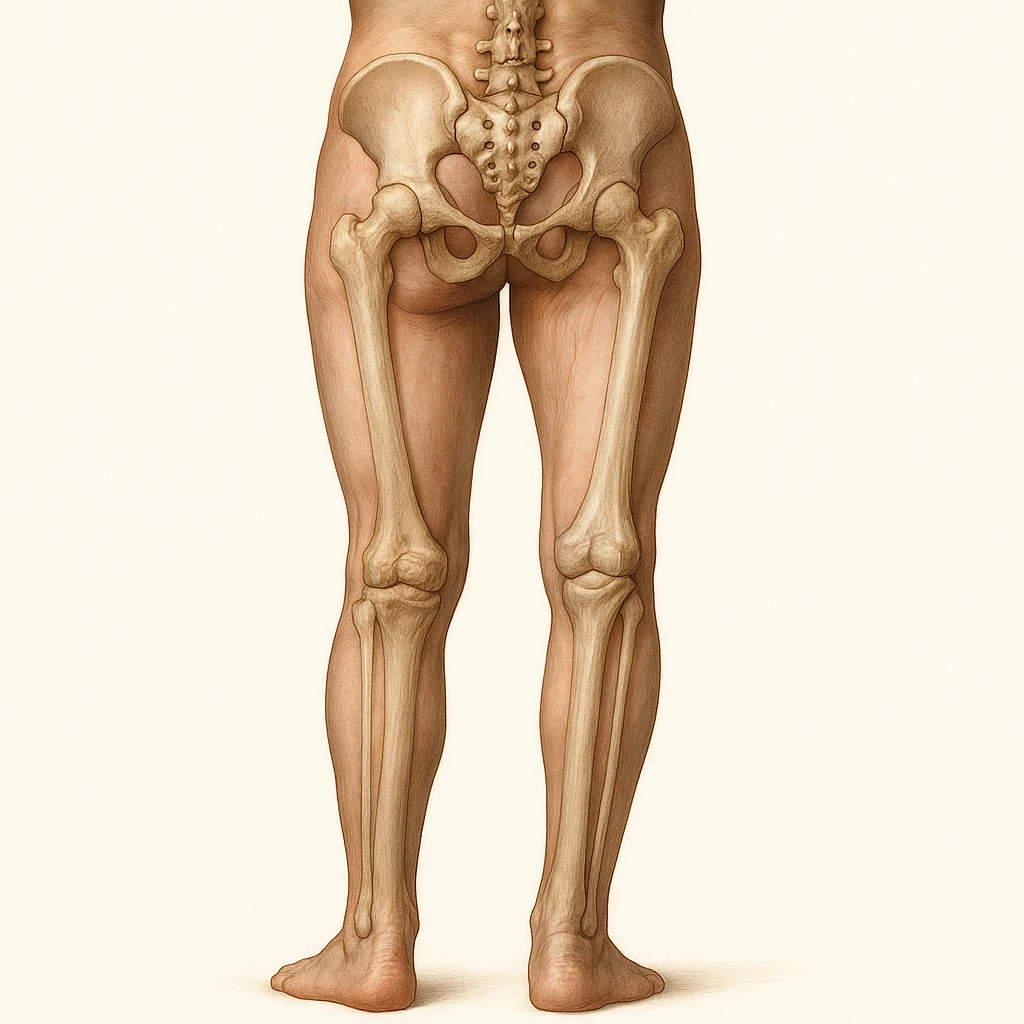 Edit the image to depict an inhibited leg (shorter than the other), in a medical anatomical style, posterior view, hyperrealism, with no background. Variation 1. emoji