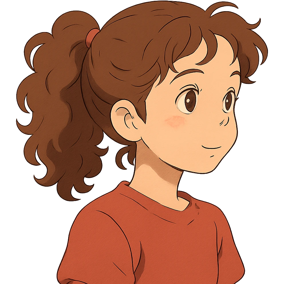 girl with brown curly hair in a ponytail, brown eyes, brown hair, ghibli style emoji