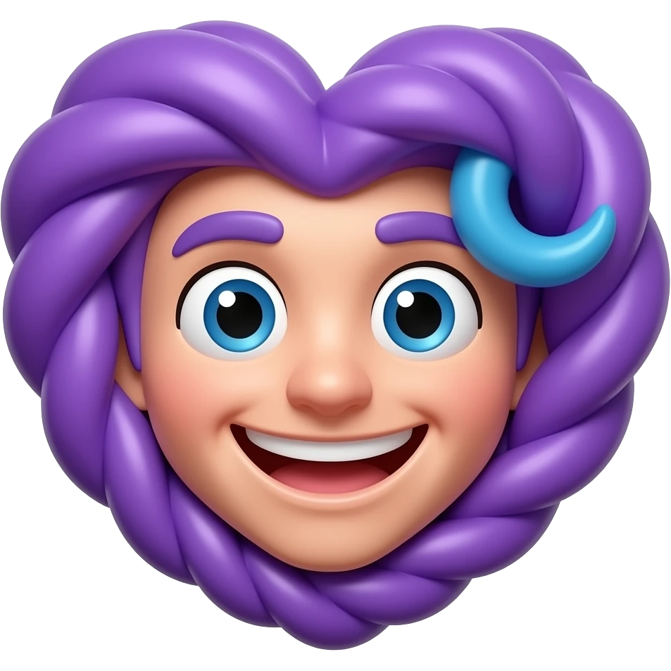 3D emoji icon of the character from image_0.png, extreme close-up of face. Manic smile, wide eyes, purple hair, blue curl. Hair is coiled tightly around the face into a compact heart shape, functioning as the icon boundary. Pure white background, high-resolution. emoji