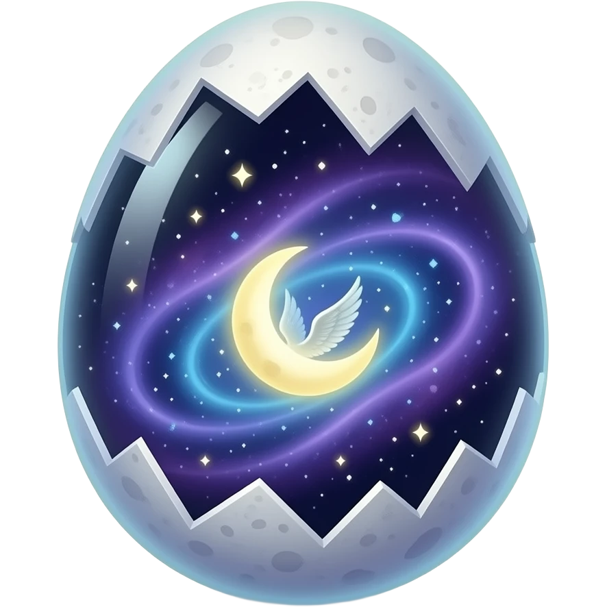 a moon‑born cosmic egg glowing with violet stardust, a winged crescent Moon within a swirling nebula, tiny wandering lights suspended inside its shell, isolated object, transparent background emoji