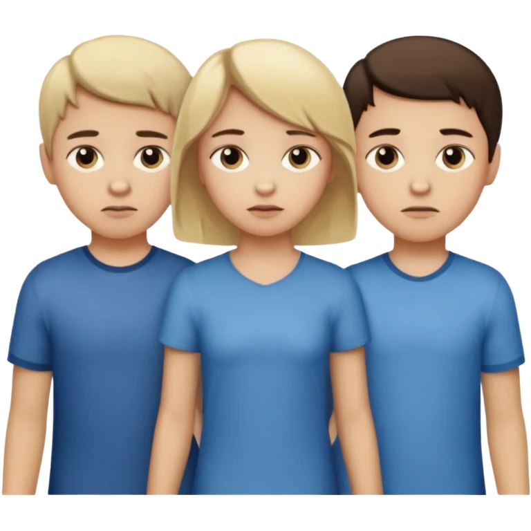  iOS emoji style.
A girl holding hands with two boys at the same time,one boy si brunette the other blonde, one on each side.
The girl has a suspicious, guilty expression, slightly turned eyes.
The boys look neutral and unaware.
 smooth gradients, rounded shape emoji