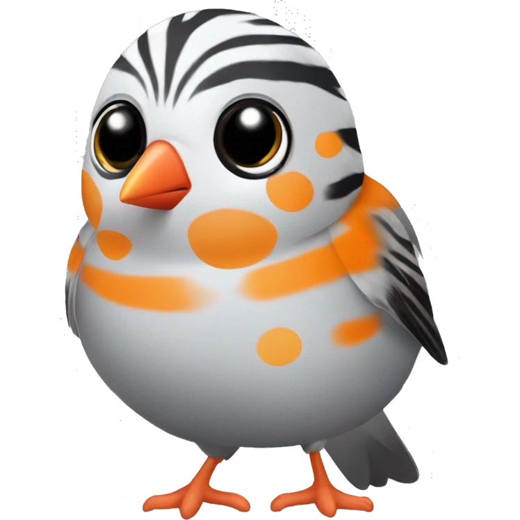 Zebra finch with orange circles on cheeks, grey body, white chest, with black tail, black eyes, and orange feet. Finch emoji