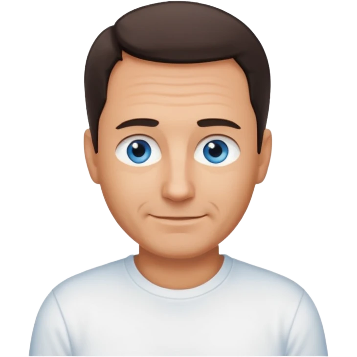 Middle aged man with tanned skin, receding dark hair and no beard, blue eyes, shy smile emoji