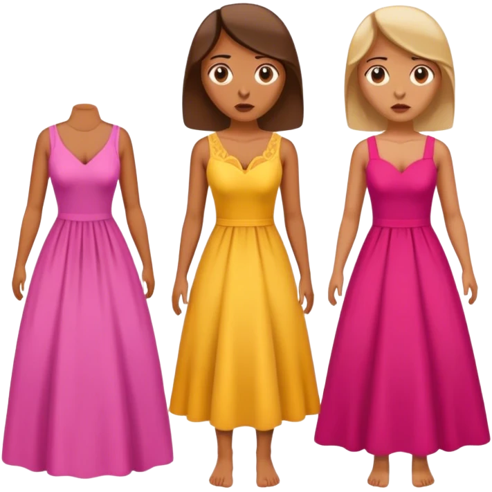 Woman standing with two dresses, looking confused, like she doesn't know what to wear emoji