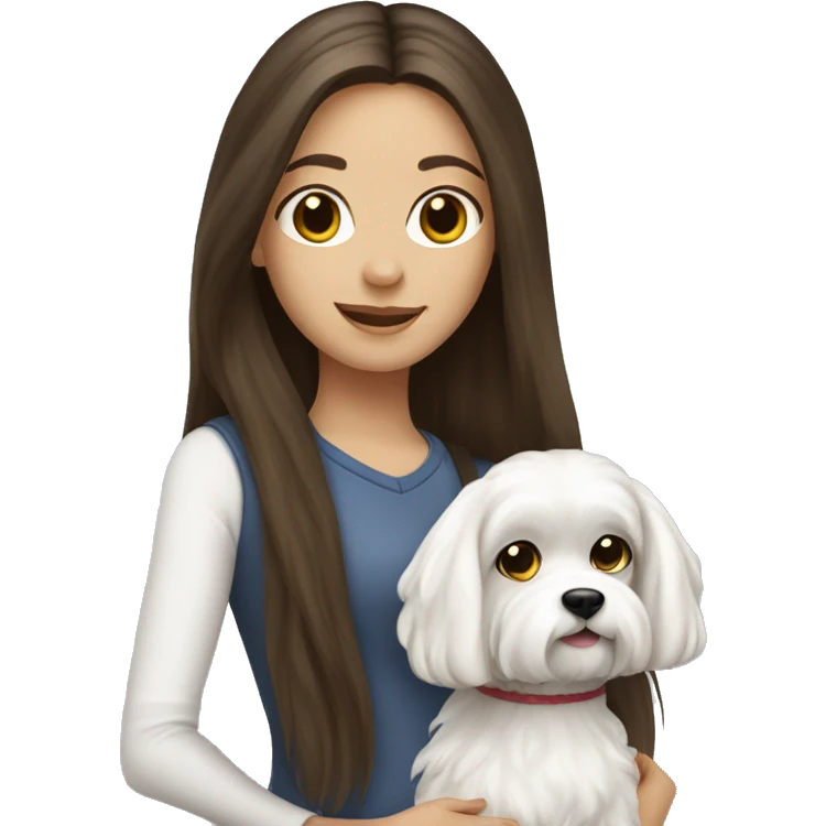 Brunette girl long hair holding a white  Maltese dog emoji