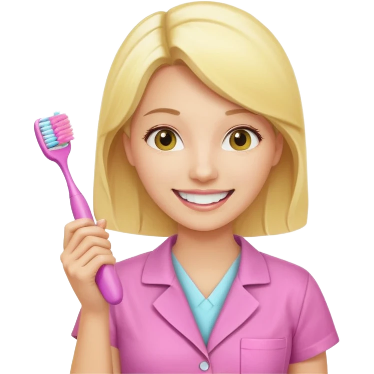dentista mulher, loira, pele branca, camisa rosa, segurando uma escova de dentes amarela e sorrindo transmitindo verdade e confiança emoji