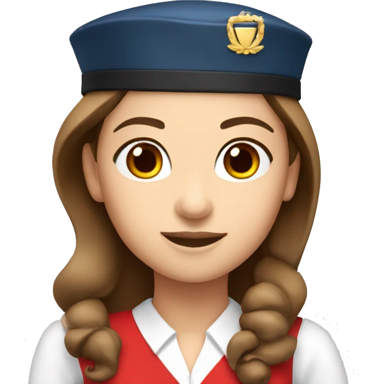 A white stewardess with long brown hair and brown eyes  in a red uniform and a red beret emoji