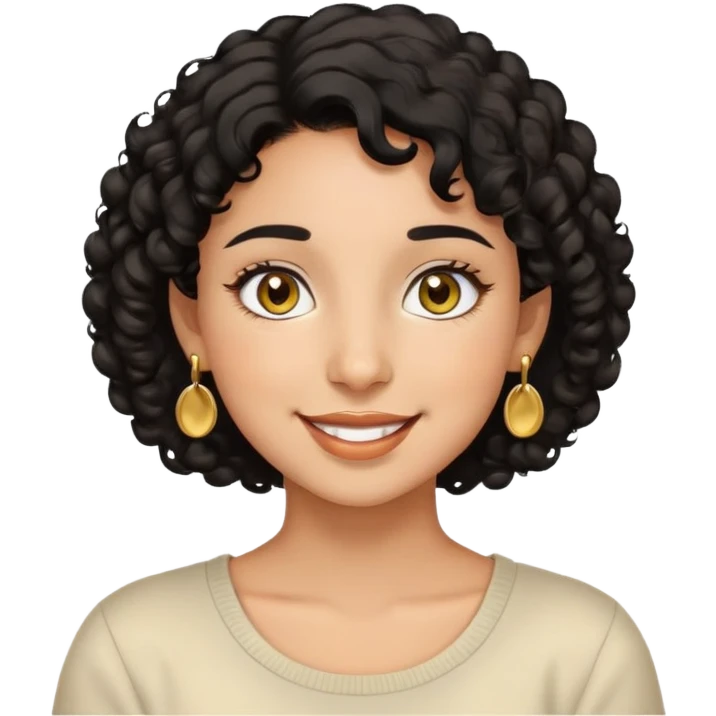 Girl showing happiness, medium skin tone, short curly black hair, gold earrings, hazel eyes emoji