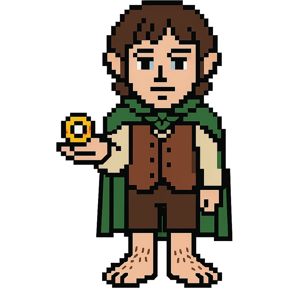Whole body image of Frodo Baggins from the lord of the rings movie in pixel art style. Make Frodo look like the actor that portrayed him in the movie, Elijah Wood. Frodo is wearing the same green elven cloak with the leaf buckle, brown vest, cream undershirt, dark brown leather short pants, and hairy hobbit feet. He is holding the one ring in the palm of his outstretched hand. the ring is golden yellow with red elven inscription. emoji