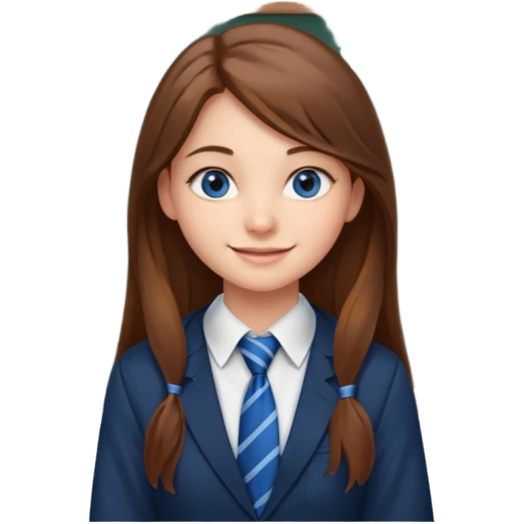 high school class room with a pretty female high school student with long brown hair, blue eyes, wearing a tie, sitting in front of the blackboard emoji