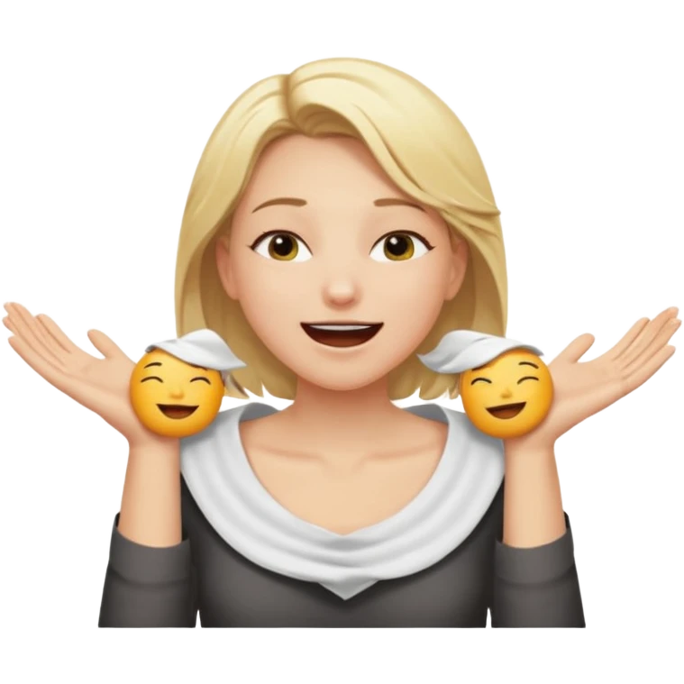 Happy blonde girl with eyes closed and mouth wide open and hands cupped around her neck - her eyes are squinty with excitment mo emoji