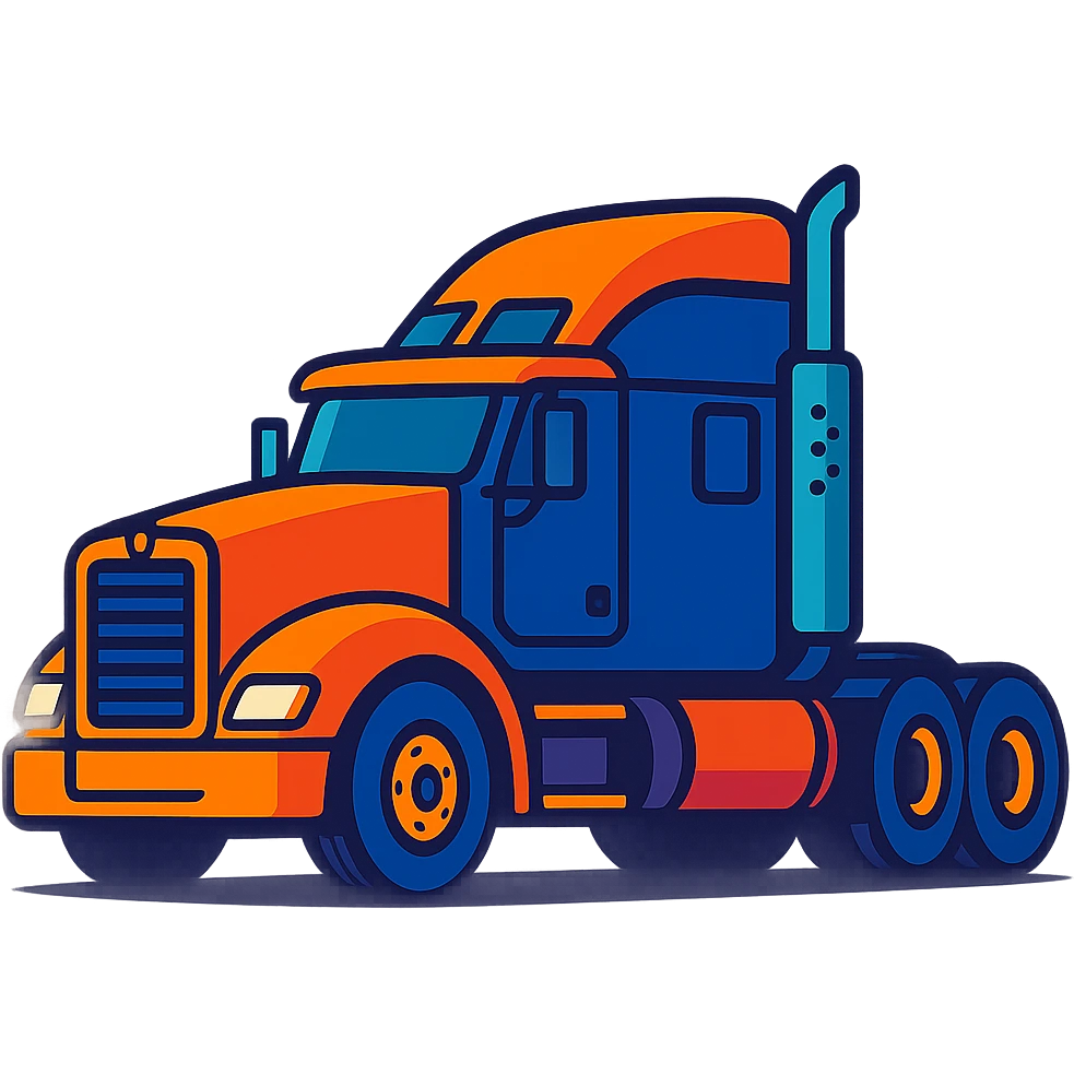 Edit the image to depict a 2026 Kenworth Sleeper semi truck in a cartoonish, vibrant style. Show the truck from the side view with headlights on, painted solid black, and no background. emoji