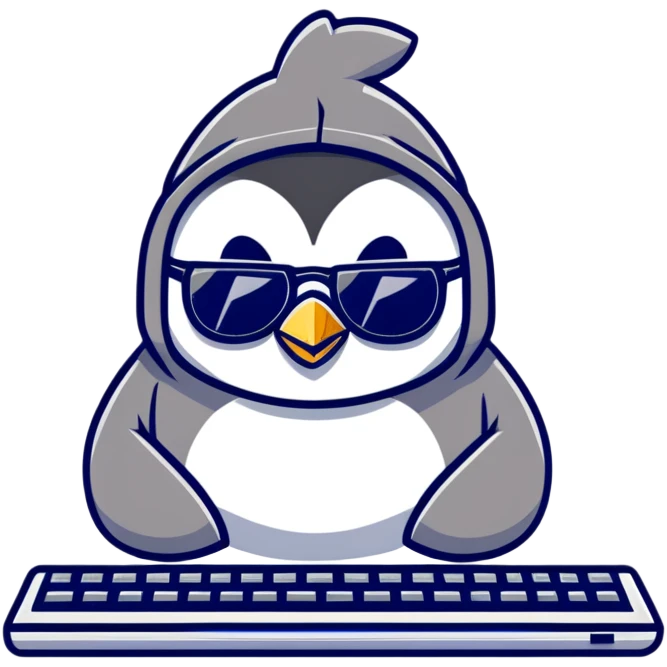 A cool penguin wearing a hoodie with sunglasses perched on head, typing with one flipper on a sleek keyboard emoji