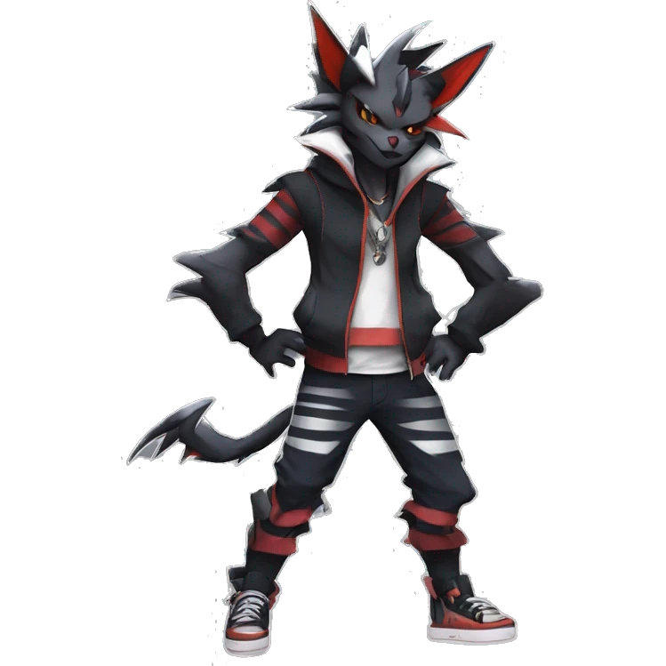 Cool Anthro Black Noivern-Absol-Litten-Pokémon with edgy stripes hoodie spiked collar punk Full Body emoji