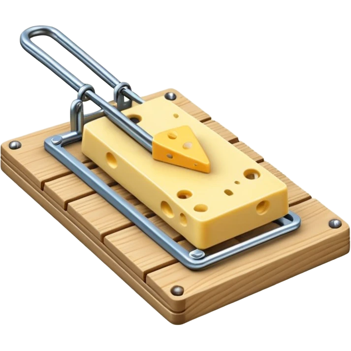 A 3D emoji in iOS emoji aesthetic style of a classic mousetrap with a wooden base and a metal spring mechanism, holding a small piece of yellow cheese, clean and detailed design, white background, glossy Apple-style rendering emoji