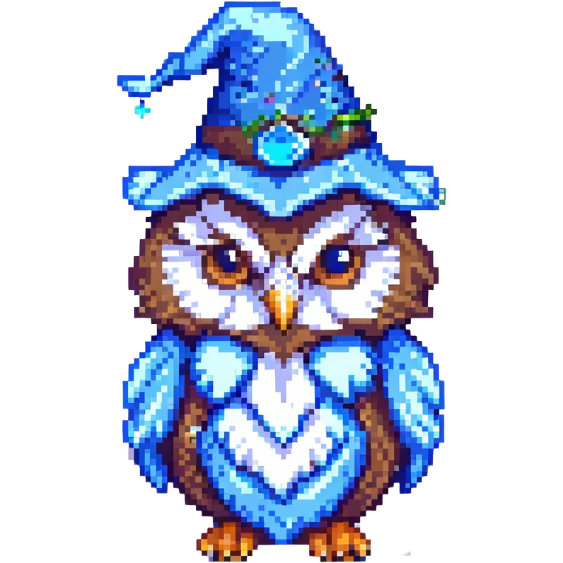 cute owl with a blue wizard hat in pixel art style emoji
